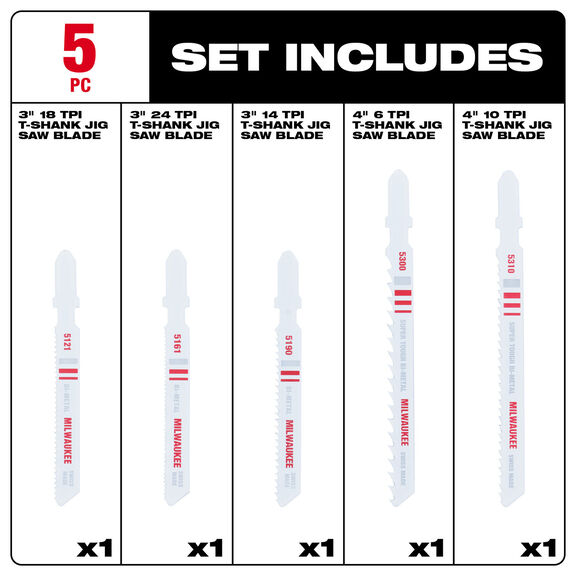 T-Shank Bi-Metal Jig Saw Blade Set, 5 Piece image number 1